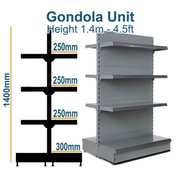 Gondola Shelving Unit 140cm x Base 30cm x Top Shelves 25cm - Middle Shelf